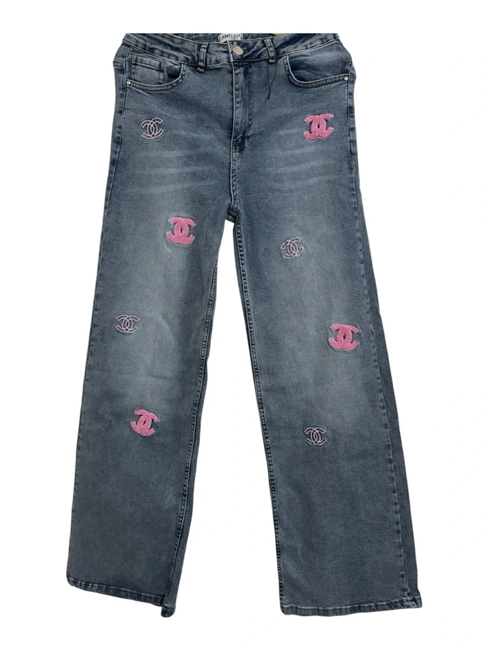 CHANEL Dark Wash Jeans with Pink Logo Embroidery
